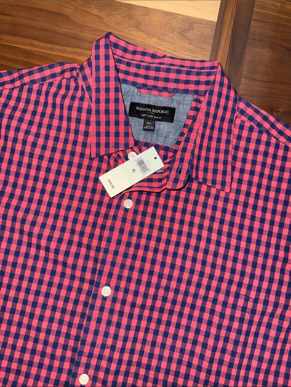 Banana Republic Soft Wash Slim Fit Shirt Mens XL Pink Navy Gingham Short Sleeve